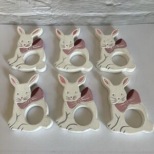 6 Wooden Easter Bunny Napkin Rings Hand Painted Philippines Vintage